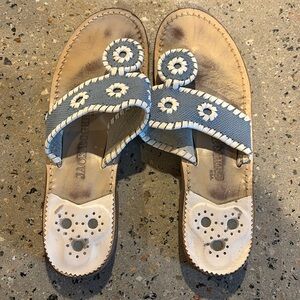 Jack Rogers Women’s Navajo Raffia Straw Blue and White Leather Thong Sandals